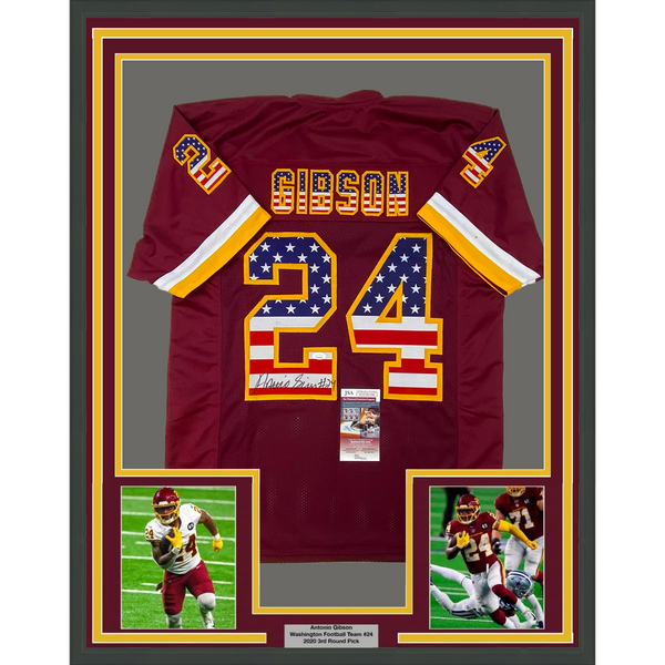 Framed Autographed/Signed Antonio Gibson 33x42 American Flag Jersey JSA COA