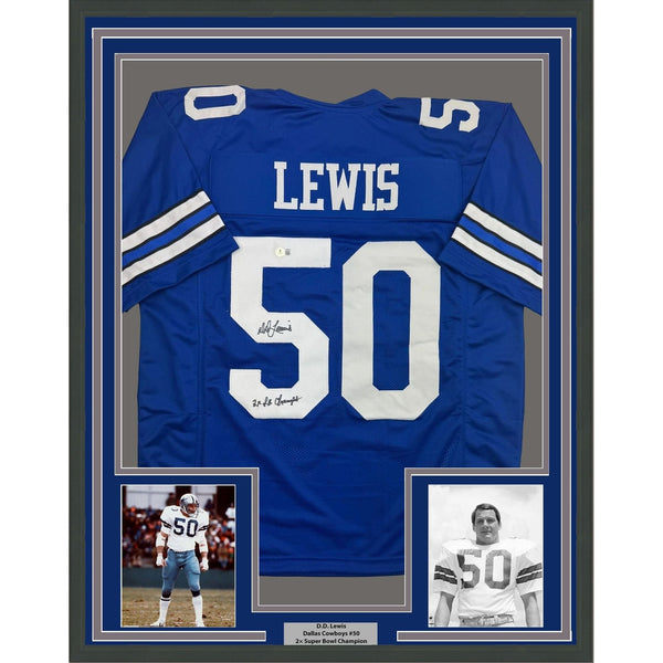 Framed Autographed/Signed DD Lewis 35x39 Dallas Retro Blue Jersey BAS COA