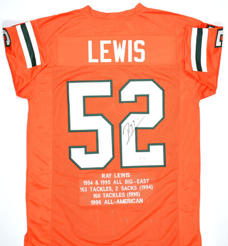 Ray Lewis Autographed Orange College Style STAT Jersey-Beckett W Hologram *Black