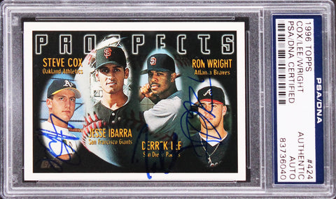 Derrek Lee, Steve Cox, Ron Wright Authentic Signed 1996 Topps #424 Card PSA Slab