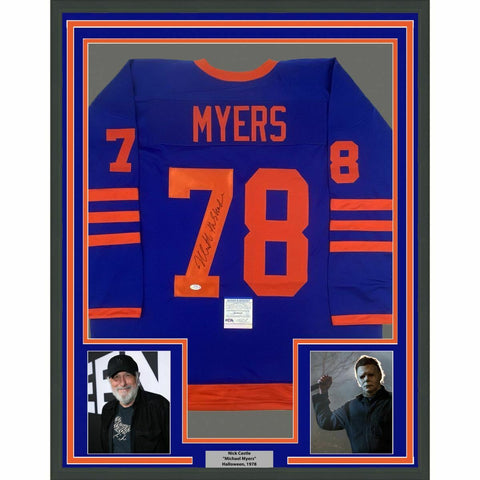 FRAMED Autographed/Signed NICK CASTLE 33x42 Halloween Blue Jersey PSA/DNA COA