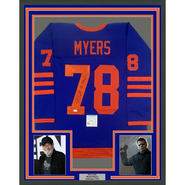 FRAMED Autographed/Signed NICK CASTLE 33x42 Halloween Blue Jersey PSA/DNA COA