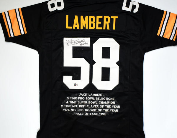Jack Lambert Autographed Black Pro Style STAT Jersey w/ HOF- Beckett W Holo *Blk