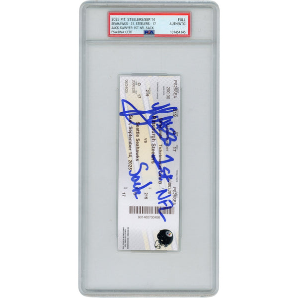 Jack Sawyer Autographed Pittsburgh Steelers 1st NFL Sack Ticket PSA Slab 53150