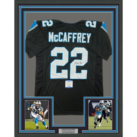 Framed Autographed Christian McCaffrey 33x42 Carolina Black Jersey Beckett COA