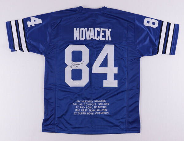 Jay Novacek Signed Dallas Cowboys Career Highlight Stat Jersey (JSA COA) T.E.