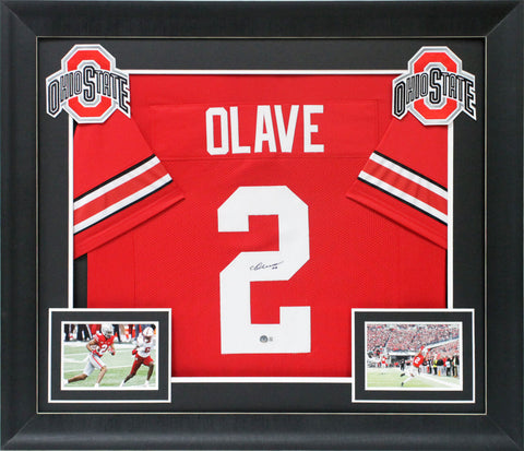Ohio State Chris Olave Authentic Signed Red Pro Style Framed Jersey BAS Witness