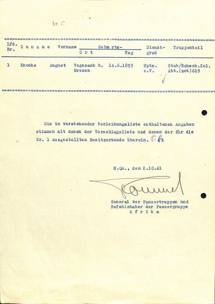 General Erwin Rommel Signed 1941 WWII Document JSA LOA
