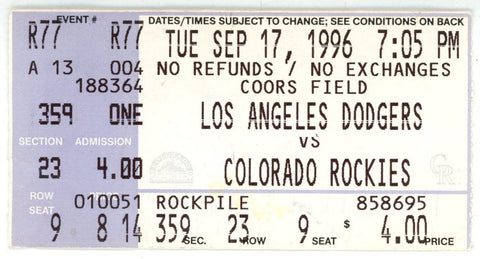 Hideo Nomo Los Angeles Dodgers 09/17/1996 No Hitter Ticket Stub 56240