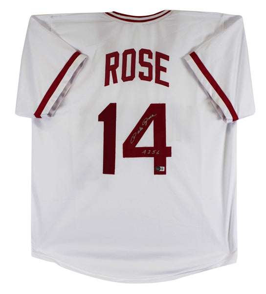 Reds Pete Rose "4256" Authentic Signed White Pro Style Jersey Autographed BAS 5