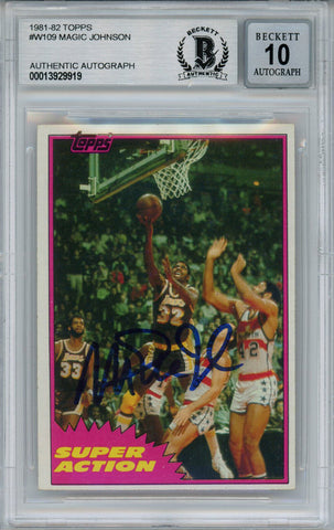 Magic Johnson Signed 1981-82 Topps #W109 Trading Card Beckett 10 Slab 37814