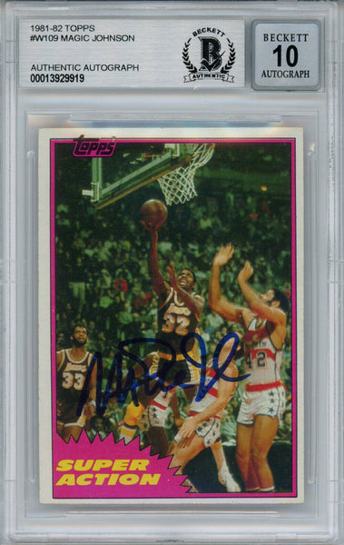 Magic Johnson Signed 1981-82 Topps #W109 Trading Card Beckett 10 Slab 37814