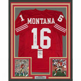 FRAMED Autographed/Signed JOE MONTANA 33x42 San Francisco Red Jersey JSA COA