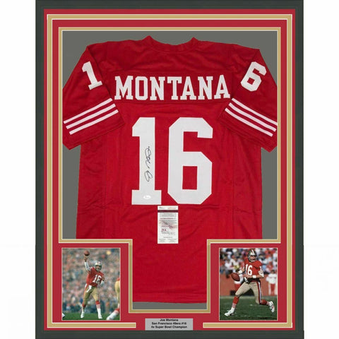 FRAMED Autographed/Signed JOE MONTANA 33x42 San Francisco Red Jersey JSA COA