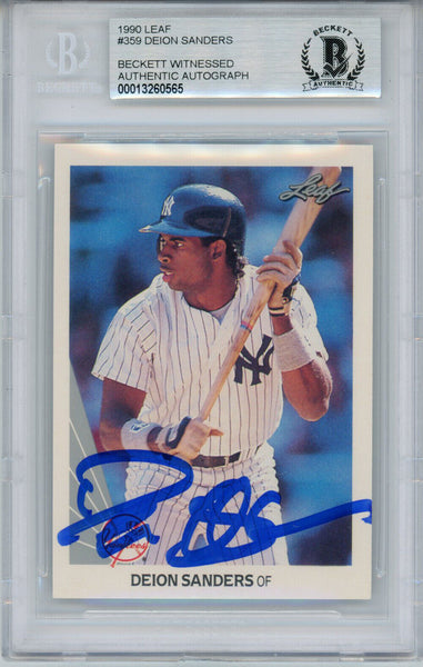 Deion Sanders Autographed/Signed 1990 Leaf Trading Card BAS Slab 32092