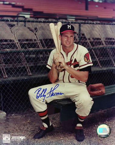 Bobby Thomson Signed Braves Sitting Pose With Bat 8x10 Photo - (SCHWARTZ COA)