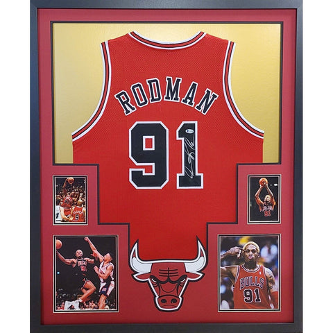Dennis Rodman Autographed Signed Framed Red Chicago Bulls Jersey BECKETT