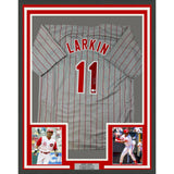 Framed Autographed/Signed Barry Larkin 35x39 Cincinnati Grey Jersey BAS COA