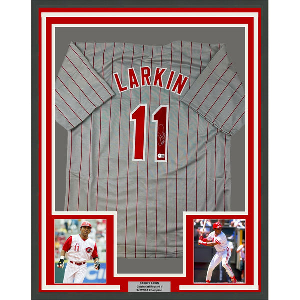 Framed Autographed/Signed Barry Larkin 35x39 Cincinnati Grey Jersey BAS COA