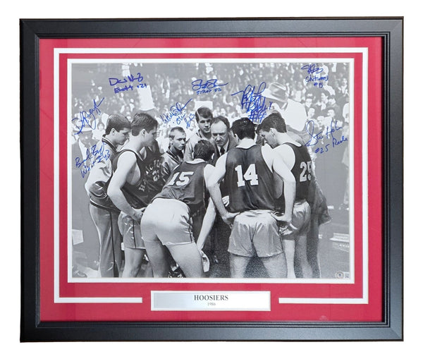 Hoosiers (8) Cast Signed Framed 16x20 Team Huddle Photo BAS
