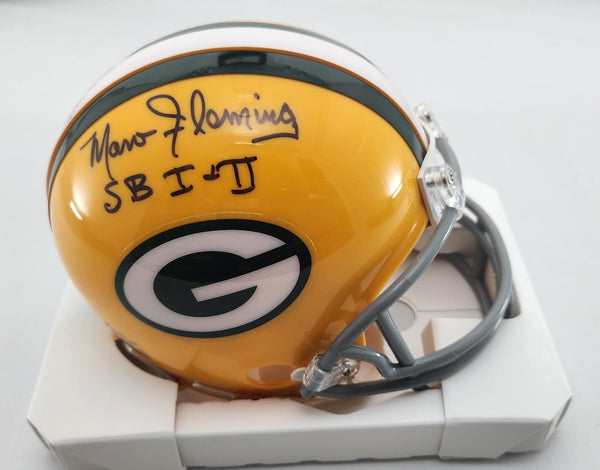 Packers MARV FLEMING Signed Throwback Mini Helmet AUTO w/ "SB I & II"