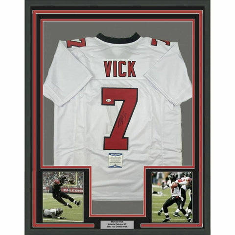 FRAMED Autographed/Signed MICHAEL MIKE VICK 33x42 Retro White Jersey BAS COA