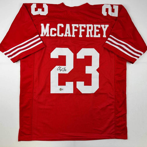 Autographed/Signed Christian McCaffrey San Francisco Red Jersey Beckett BAS COA