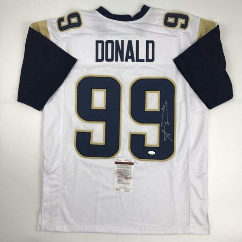 Autographed/Signed Aaron Donald Los Angeles LA White Football Jersey JSA COA
