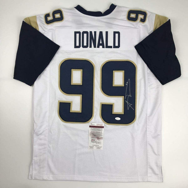 Autographed/Signed Aaron Donald Los Angeles LA White Football Jersey JSA COA