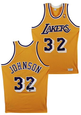 Lakers Magic Johnson "HOF 02" Signed Yellow MacGregor Sand-Knit Jersey BAS Wit 6