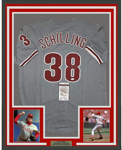 Framed Signed Curt Schilling 35x39 Philadelphia Grey Jersey JSA COA