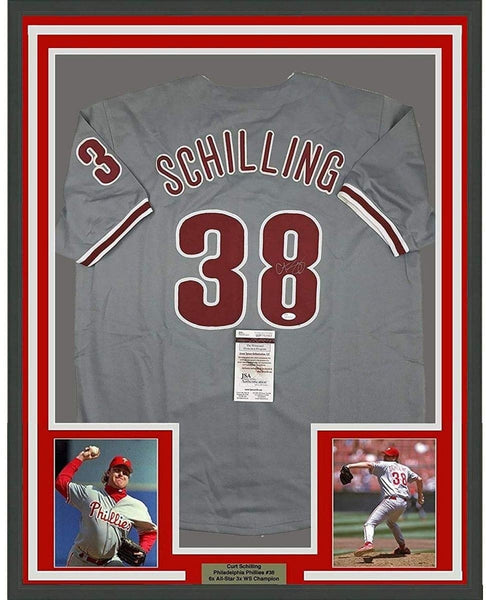 Framed Signed Curt Schilling 35x39 Philadelphia Grey Jersey JSA COA
