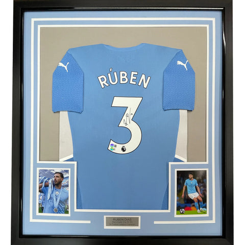 Framed Autographed/Signed Ruben Dias 33x42 Manchester City Blue Jersey BAS COA