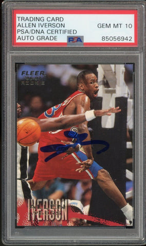 1996 Fleer #235 Allen Iverson RC Rookie 76ers PSA/DNA Auto GEM MINT 10