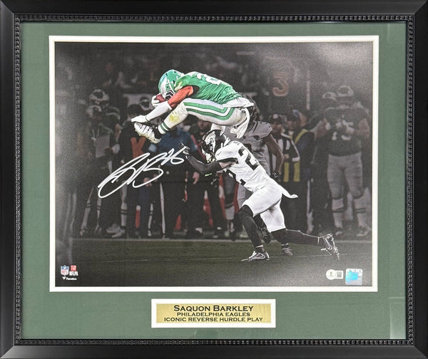 Saquon Barkley Autographed Eagles Reverse Hurdle 16x20 Framed Photo Beckett S