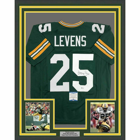 FRAMED Autographed/Signed DORSEY LEVENS 33x42 Green Bay Green Jersey JSA COA