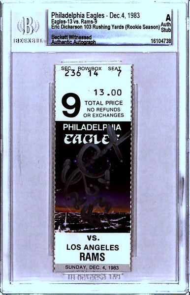 Eric Dickerson Signed Los Angeles Rams 12/04/83 Ticket ROY Beckett Slab 43228