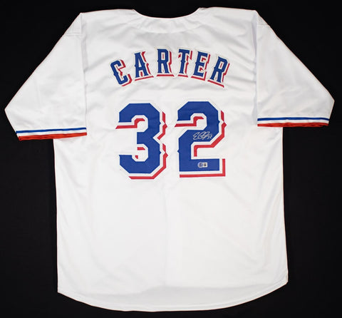 Evan Carter Signed Texas Rangers Jersey (Beckett) 2023 World Champ / Outfielder