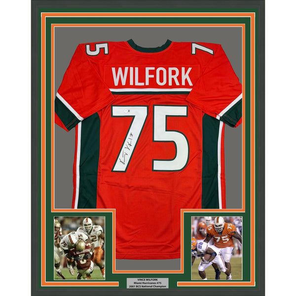 Framed Autographed/Signed Vince Wilfork 35x39 Miami Orange Jersey BAS COA