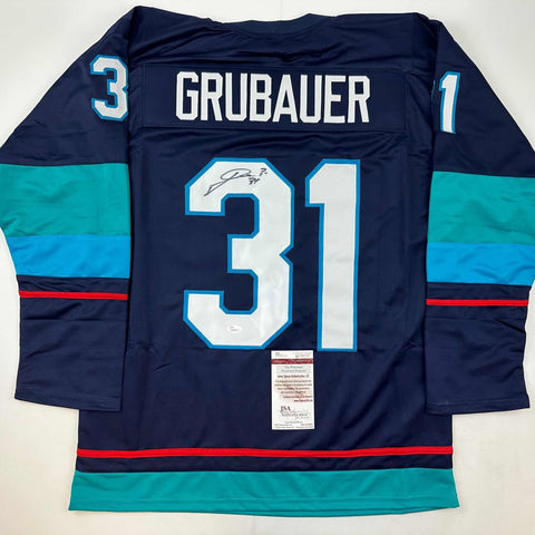 Autographed/Signed Philipp Grubauer Seattle Blue Hockey Jersey JSA COA