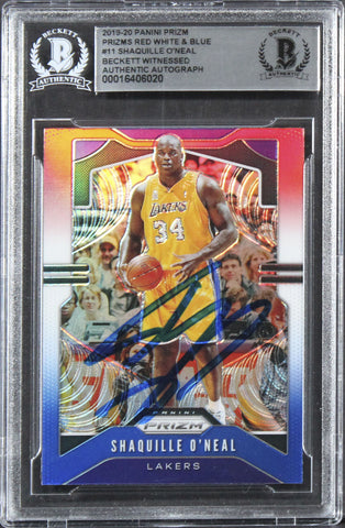 Lakers Shaquille O'Neal Signed 2019 Panini Prizm RW&B #11 Card BAS Slabbed