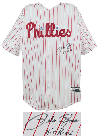 Pete Rose Signed Phillies White Majestic Rep Baseball Jersey w/Hit King (SS COA)