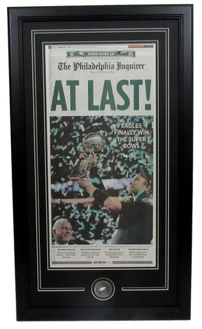 Philadelphia Inquirer "At Last" Framed Super Bowl Newspaper 30x17 131891