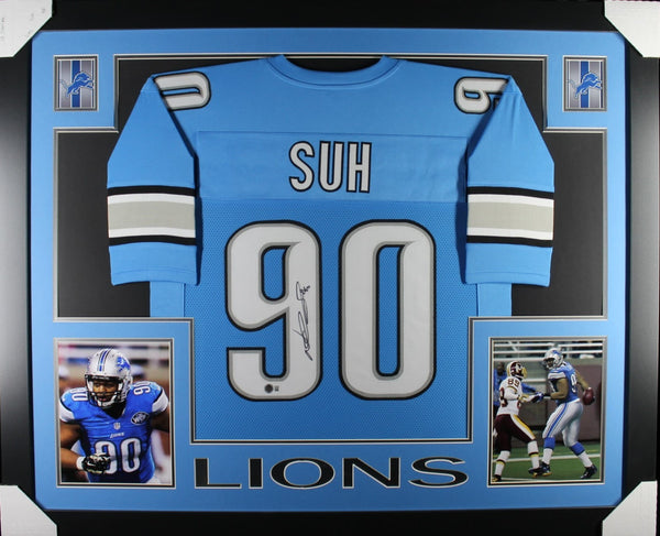 NDAMUKONG SUH (Lions blue SKYLINE) Signed Autographed Framed Jersey Beckett