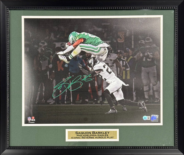 Saquon Barkley Autographed Eagles Reverse Hurdle 16x20 Framed Photo Beckett G