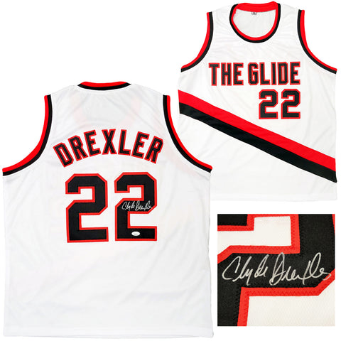 TRAILBLAZERS CLYDE DREXLER AUTOGRAPHED WHITE JERSEY THE GLIDE JSA 202349