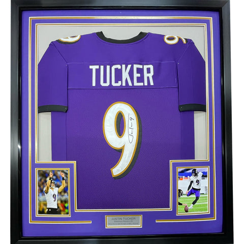 Framed Signed Justin Tucker 35x39 Baltimore Purple Jersey JSA COA