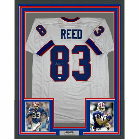 FRAMED Autographed/Signed ANDRE REED 33x42 Buffalo White Football Jersey JSA COA