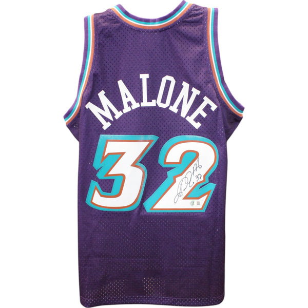Karl Malone Autographed Utah Jazz Purple M&N Swingman Sz L Jersey Beckett 49288