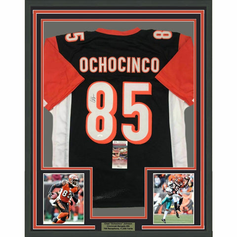 FRAMED Autographed/Signed CHAD OCHOCINCO Johnson 33x42 Black Jersey JSA COA Auto